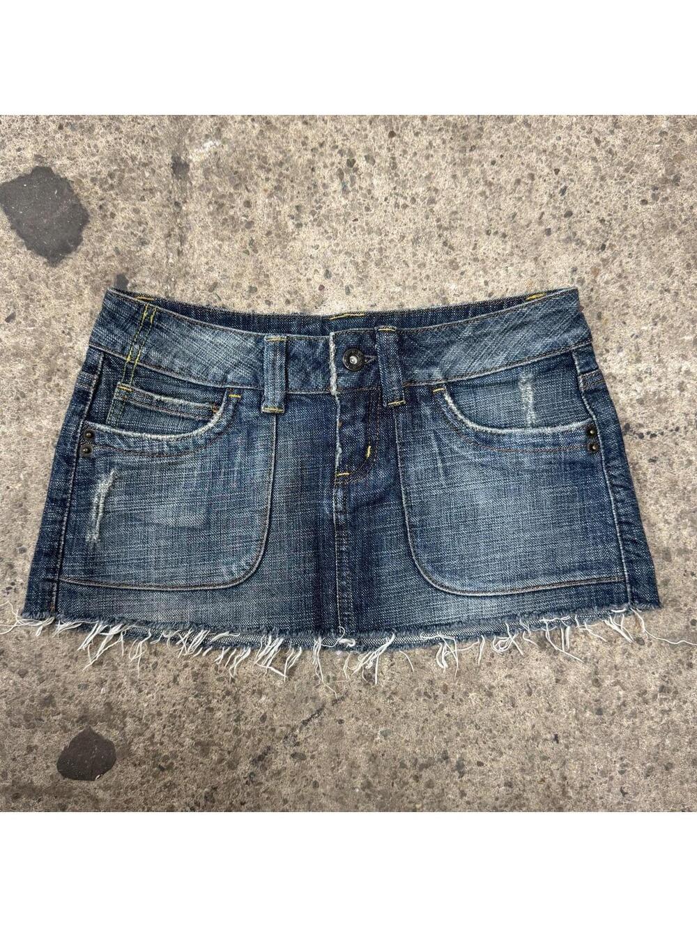 Topshop Blue Denim Mini Skirt with Frayed Hem